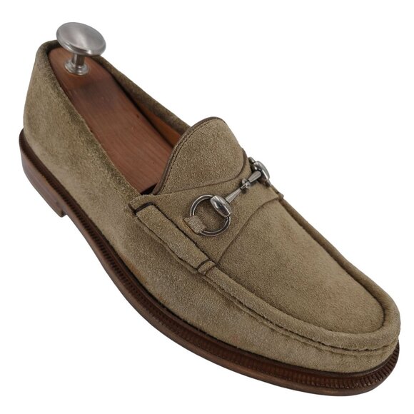 Distressed Gucci Italy Men's size 9 Tan Sand Suede Dress Shoes Horsebit Loafers - Picture 1 of 13